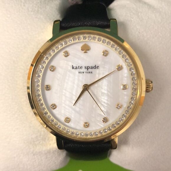 Kate Spade Gold with Gems Black Leather Strap Watch - Picture 1 of 12